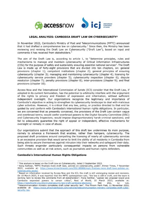 Legal Analysis: Cambodia’s Draft Law on Cybersecurity