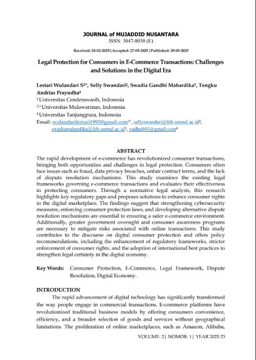 Legal Protection for Consumers in E-Commerce Transactions: Challenges and Solutions in the Digital Era
